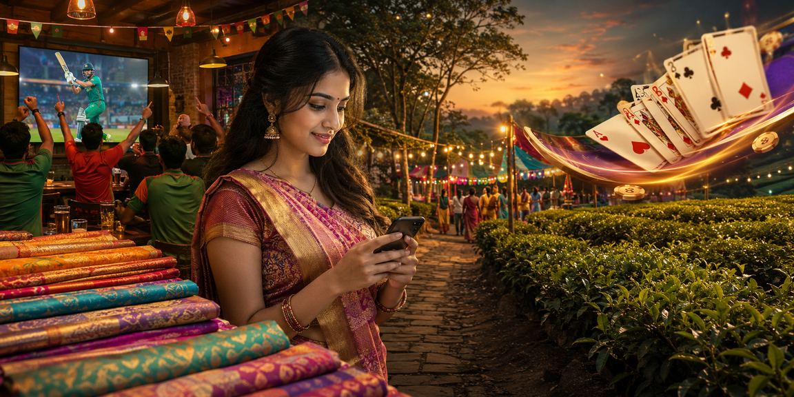 A user at a tea garden in Rajshahi betting on cricket events on mobile